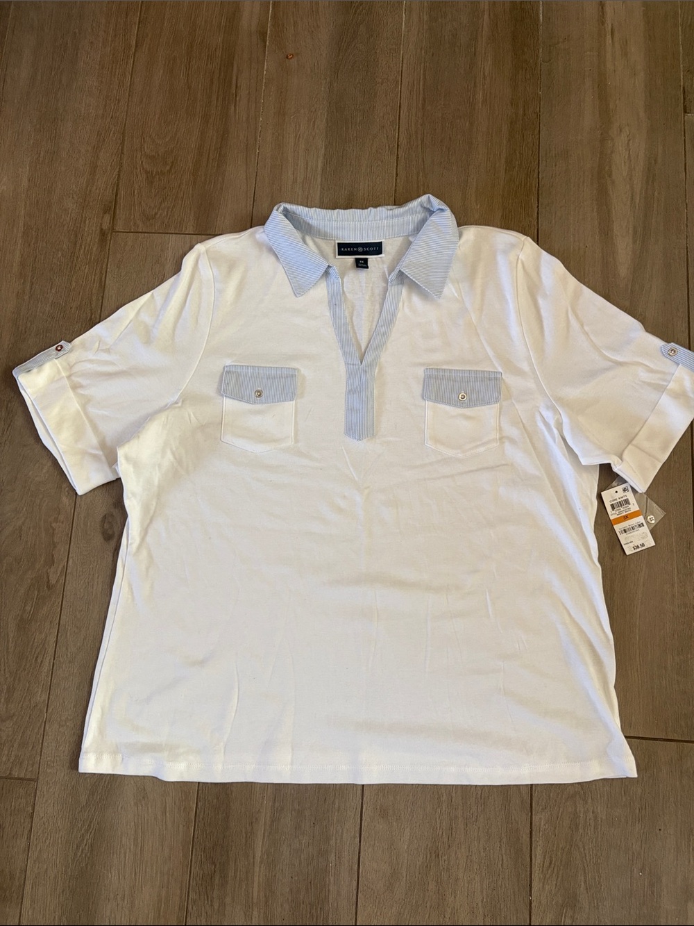 Karen Scott White Polo Top with Light Blue Collar and Pocket Details